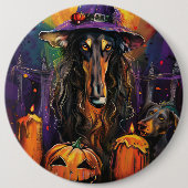 Spooky Afghan Hound Halloween Hexe und Pumpkin Button (Vorderseite)