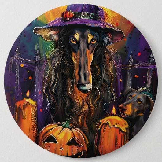 Spooky Afghan Hound Halloween Hexe und Pumpkin Button (Vorderseite)