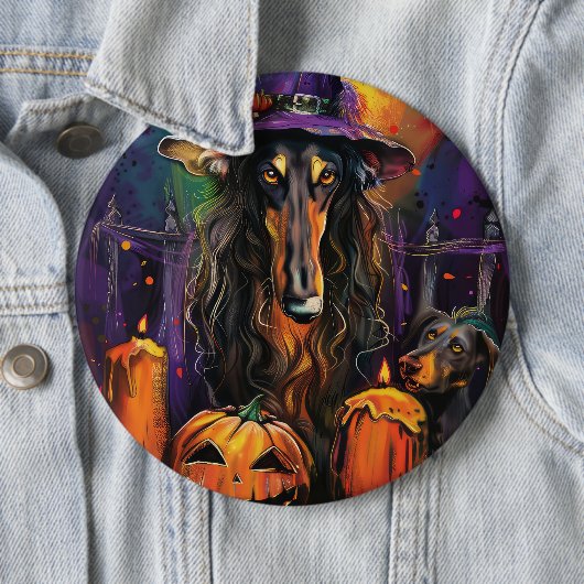 Spooky Afghan Hound Halloween Hexe und Pumpkin Button (Beispiel)