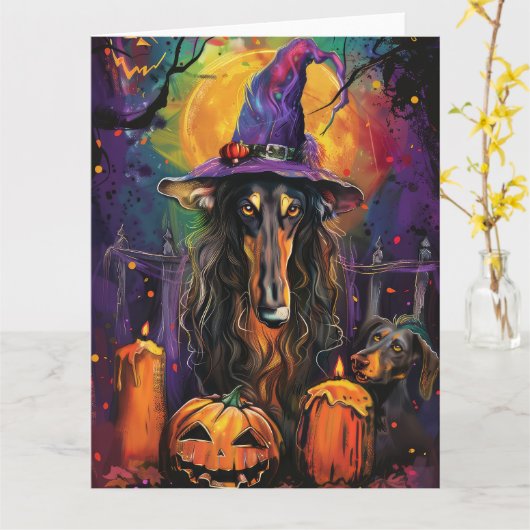 Spooky Afghan Hound Halloween Hexe und Pumpkin Karte (Gelbe Blume)