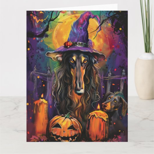 Spooky Afghan Hound Halloween Hexe und Pumpkin Karte (Vorderseite)