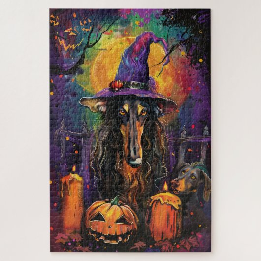 Spooky Afghan Hound Halloween Hexe und Pumpkin Puzzle (Vertikal)