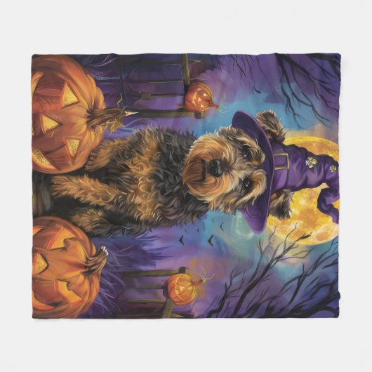 Spooky Airedale Halloween Hexe und Pumpkin Fleecedecke (Vorderseite (Horizontal))