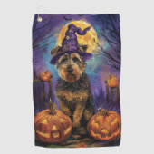 Spooky Airedale Halloween Hexe und Pumpkin Golfhandtuch (Vorderseite)