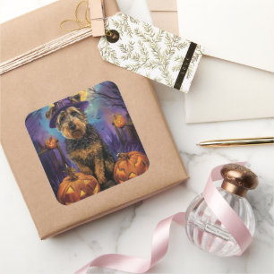 Spooky Airedale Halloween Hexe und Pumpkin Quadratischer Aufkleber