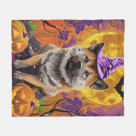 Spooky Akita Halloween Hexe und Pumpkin Fleecedecke (Vorderseite (Horizontal))