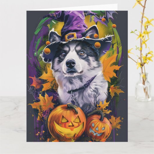 Spooky Akita Halloween Hexe und Pumpkin Karte (Gelbe Blume)