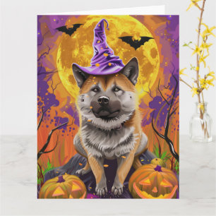 Spooky Akita Halloween Hexe und Pumpkin Karte
