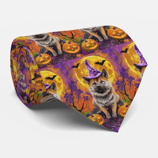 Spooky Akita Halloween Hexe und Pumpkin Krawatte (Gerollt)