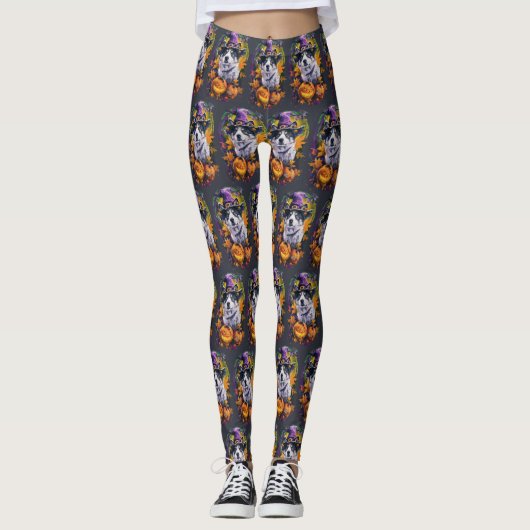 Spooky Akita Halloween Hexe und Pumpkin Leggings (Vorderseite)