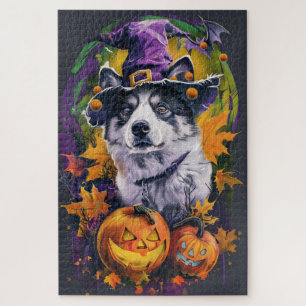 Spooky Akita Halloween Hexe und Pumpkin Puzzle