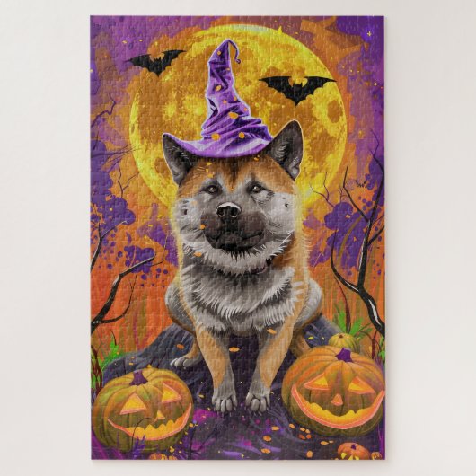 Spooky Akita Halloween Hexe und Pumpkin Puzzle (Vertikal)