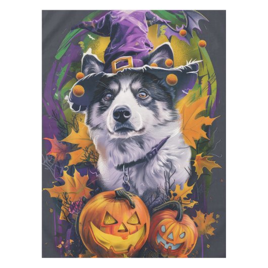 Spooky Akita Halloween Hexe und Pumpkin Tischdecke (Vorderseite)