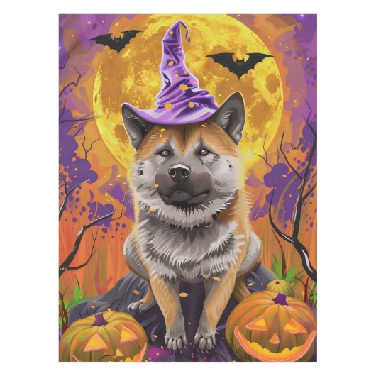 Spooky Akita Halloween Hexe und Pumpkin Tischdecke (Vorderseite)