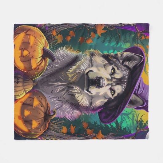 Spooky Alaskan Malamute alloween Hexe und Pumpkin Fleecedecke (Vorderseite (Horizontal))