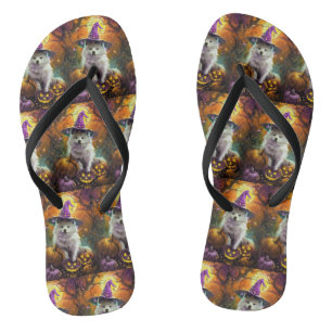 Spooky American Eskimo Halloween Hexe und Pumpkin Badesandalen