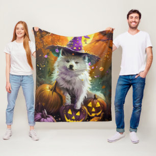 Spooky American Eskimo Halloween Hexe und Pumpkin Fleecedecke