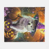 Spooky American Eskimo Halloween Hexe und Pumpkin Fleecedecke (Vorderseite (Horizontal))