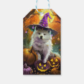 Spooky American Eskimo Halloween Hexe und Pumpkin Geschenkanhänger (Rückseite)