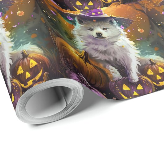 Spooky American Eskimo Halloween Hexe und Pumpkin Geschenkpapier (Rolleneckpunkt)