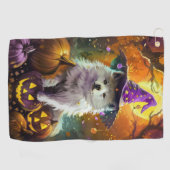Spooky American Eskimo Halloween Hexe und Pumpkin Golfhandtuch (Horizontal)