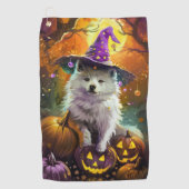 Spooky American Eskimo Halloween Hexe und Pumpkin Golfhandtuch (Vorderseite)