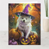 Spooky American Eskimo Halloween Hexe und Pumpkin Karte (Vorderseite)
