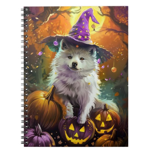 Spooky American Eskimo Halloween Hexe und Pumpkin Notizblock (Vorderseite)