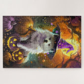 Spooky American Eskimo Halloween Hexe und Pumpkin Puzzle (Horizontal)