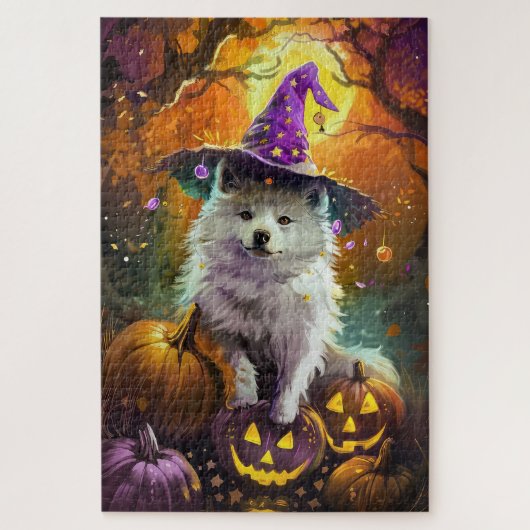 Spooky American Eskimo Halloween Hexe und Pumpkin Puzzle (Vertikal)