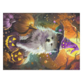 Spooky American Eskimo Halloween Hexe und Pumpkin Tischdecke (Vorderseite (Horizontal))