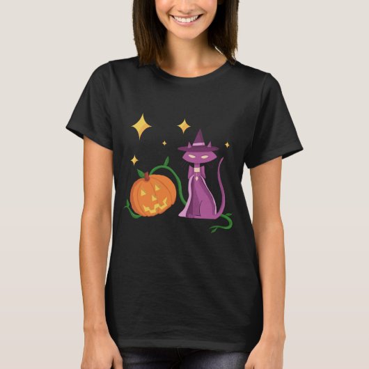 Spooky and Cute Halloween Witch Cat and Pumpkin T-Shirt (Vorderseite)