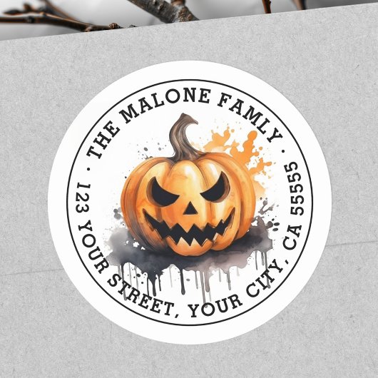 Spooky Aquarellfarbe Jack-o-Lantern Rücksendeadres Runder Aufkleber