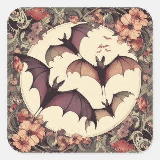 Spooky Art Nouveau Bats Illustration Pretty Horror Quadratischer Aufkleber