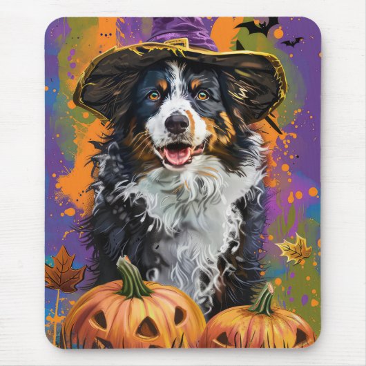 Spooky Australian Shepherd Halloween Hexenkürbis Mousepad (Vorne)