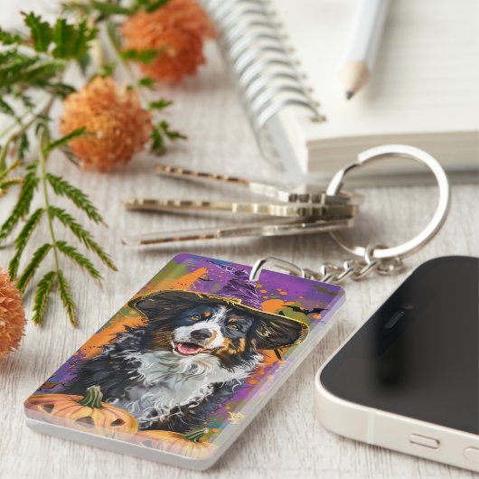 Spooky Australian Shepherd Halloween Hexenkürbis Schlüsselanhänger (Vorderseite rechts)