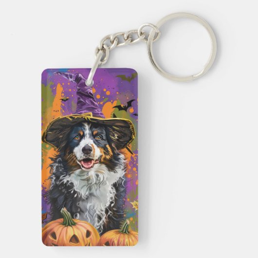 Spooky Australian Shepherd Halloween Hexenkürbis Schlüsselanhänger (Rückseite)