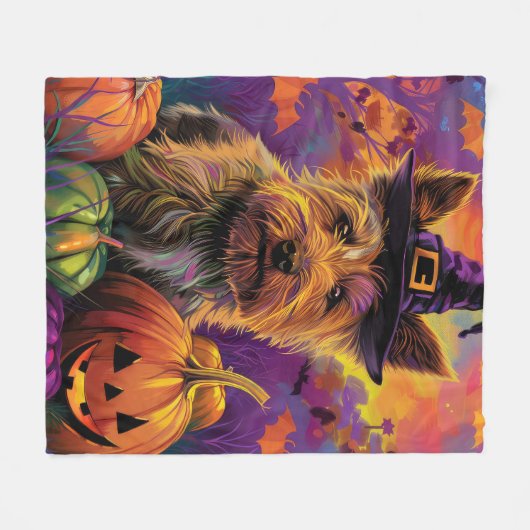 Spooky Australian Terrier Halloween Hexenkürbis Fleecedecke (Vorderseite (Horizontal))