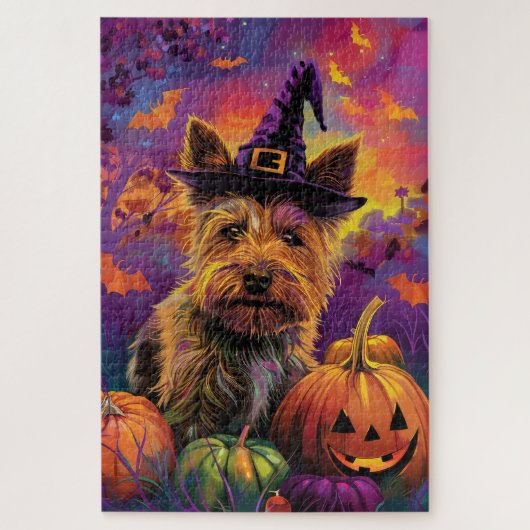Spooky Australian Terrier Halloween Hexenkürbis Puzzle (Vertikal)