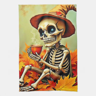 Spooky Autumn Skeleton's Coffee Break Design Geschirrtuch