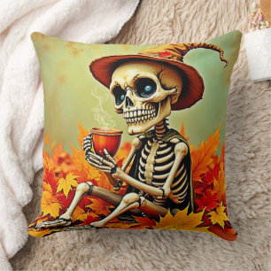 Spooky Autumn Skeleton's Coffee Break Design Kissen