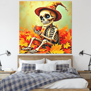 Spooky Autumn Skeleton's Coffee Break Design Leinwanddruck
