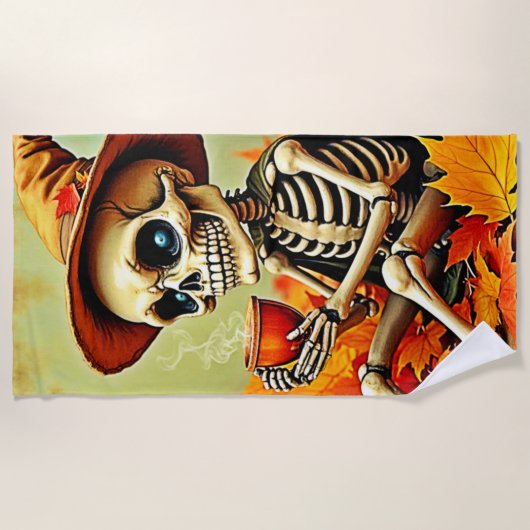 Spooky Autumn Skeleton's Coffee Break Design Strandtuch (Vorderseite)