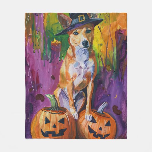 Spooky Basenji Halloween Hexe und Pumpkin Fleecedecke (Vorderseite)