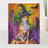 Spooky Basenji Halloween Hexe und Pumpkin Karte (Vorderseite)