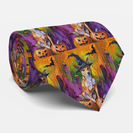 Spooky Basenji Halloween Hexe und Pumpkin Krawatte (Gerollt)