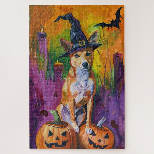 Spooky Basenji Halloween Hexe und Pumpkin Puzzle (Vertikal)