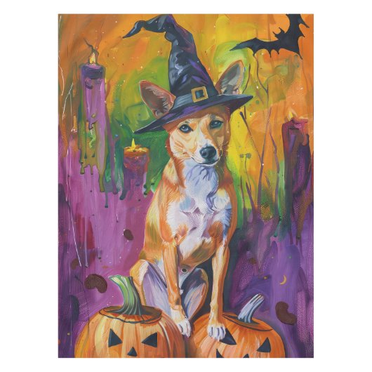 Spooky Basenji Halloween Hexe und Pumpkin Tischdecke (Vorderseite)