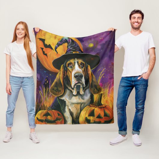 Spooky Basset Hound Halloween Hexe und Kürbiskürbi Fleecedecke (Beispiel)