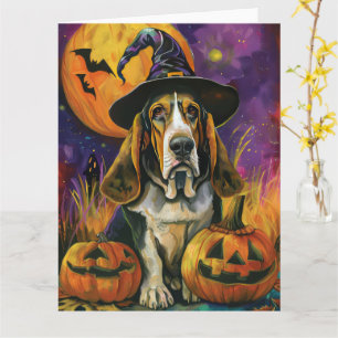 Spooky Basset Hound Halloween Hexe und Kürbiskürbi Karte